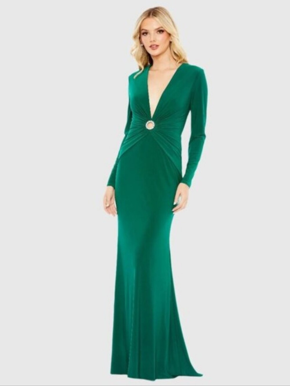 NWT MacDuggal Gathered Pearl  Bling Long Sleeve Keyhole Gown Emerald
